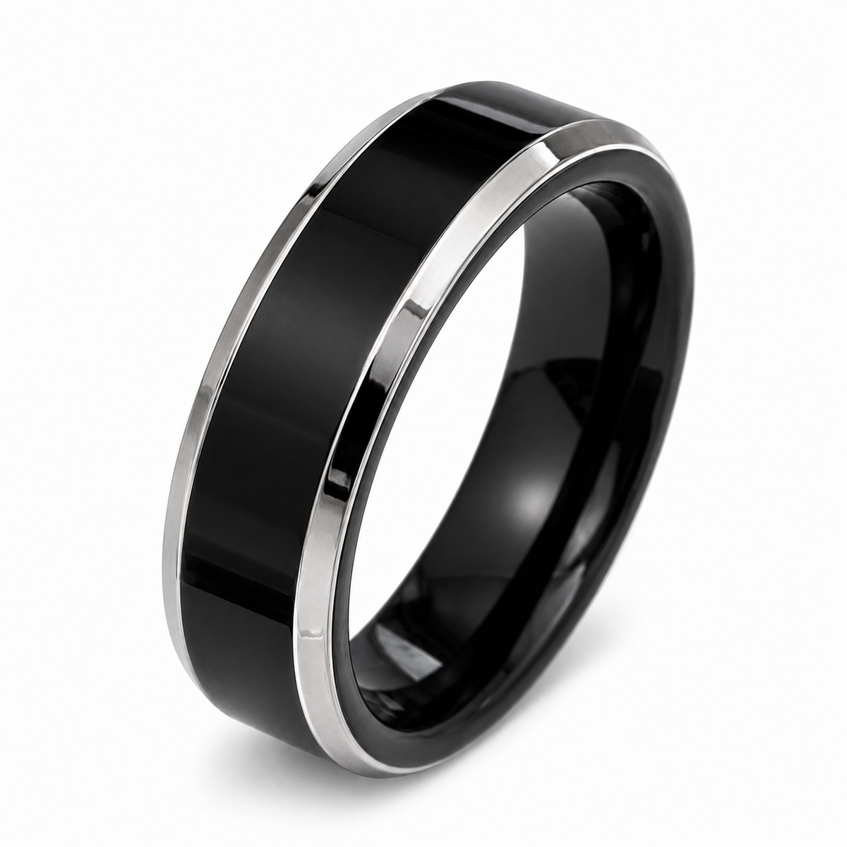 THE BLACKWELL EDGE | Black Tungsten Wedding Ring with Polished Silver Edges