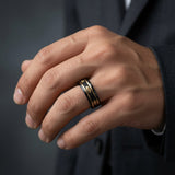 The Dynasty Couples Set | Black Faceted Tungsten Wedding Rings with Genuine Meteorite & 24K Gold Leaf Inlay