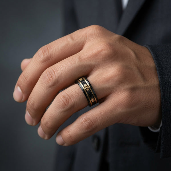 The Dynasty Couples Set | Black Faceted Tungsten Wedding Rings with Genuine Meteorite & 24K Gold Leaf Inlay