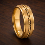 The Sovereign | Gold Titanium Wedding Ring with Twisted Rope Centre Detail