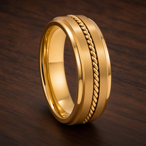 The Sovereign | Gold Titanium Wedding Ring with Twisted Rope Centre Detail