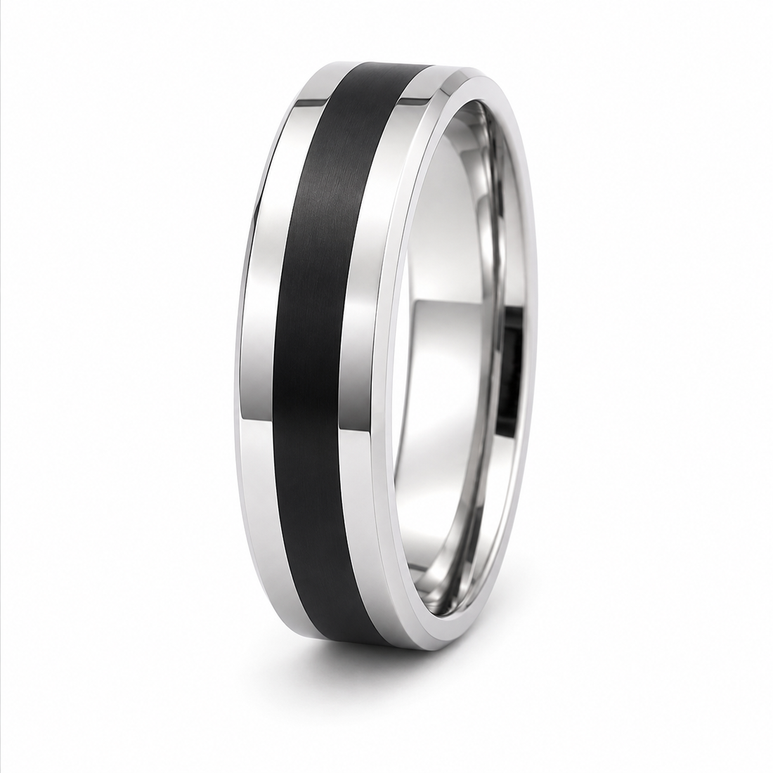 The Monarch | Silver Titanium Wedding Ring with Black Centre Inlay