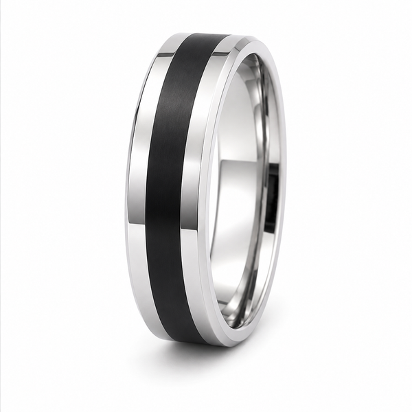 The Monarch | Silver Titanium Wedding Ring with Black Centre Inlay