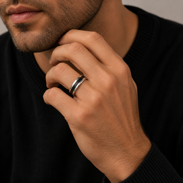 The Monarch | Silver Titanium Wedding Ring with Black Centre Inlay