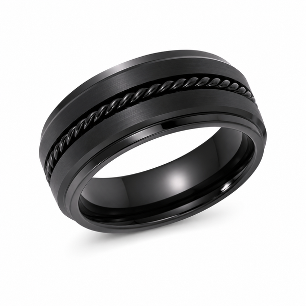 The Sovereign Black | Titanium Wedding Ring with Twisted Rope Centre Detail