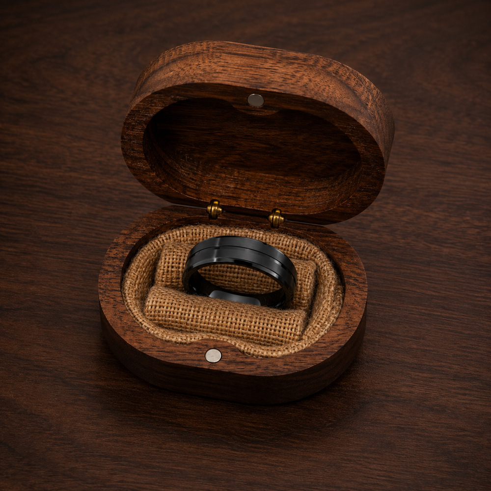 The Blackstone | Black Titanium Wedding Ring with Brushed Centre & Twin Precision Grooves
