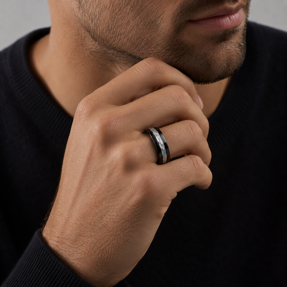 The Nightforge | Black Titanium Wedding Ring with Hammered Centre Inlay