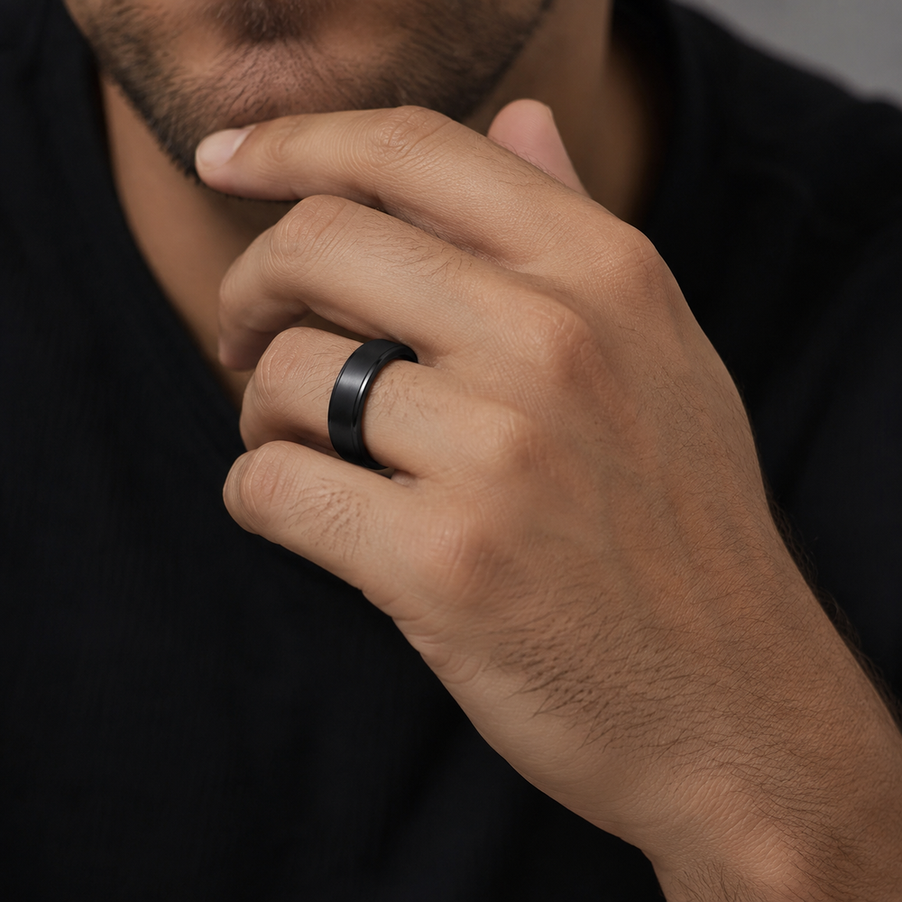 The Onyxford | Black Brushed Titanium Wedding Ring with Polished Edges