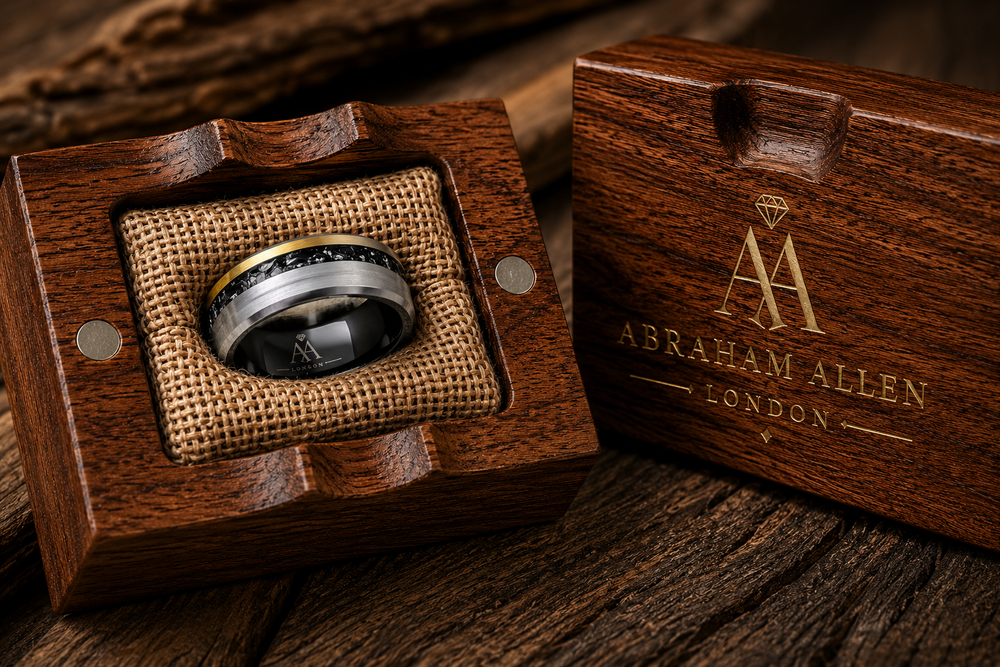 The Nebula | Brushed Tungsten Ring with Meteorite Inlay & Gold Accent
