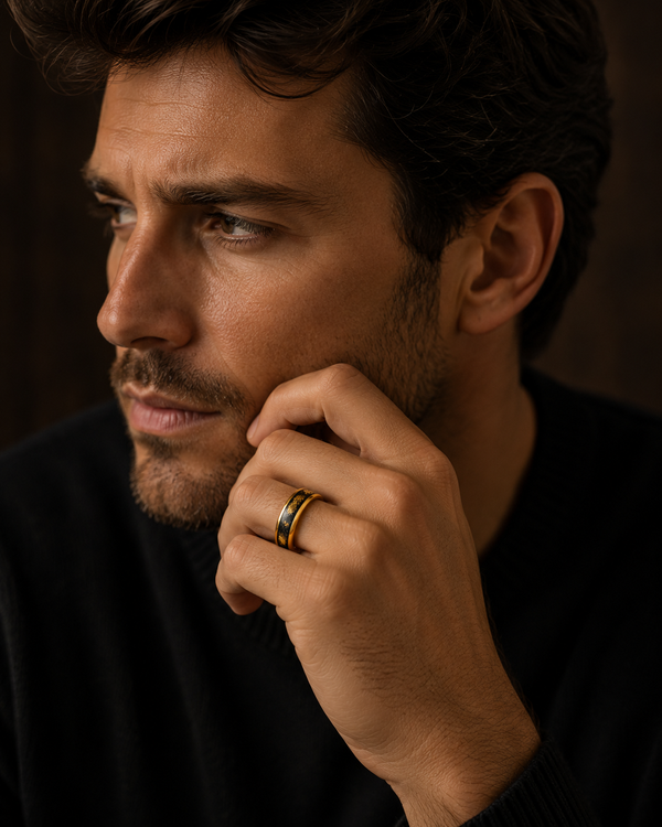 BlackGold Horizon – Black Tungsten Ring with 24K Gold Flake & Carbon Fibre Inlay | 4mm & 8mm