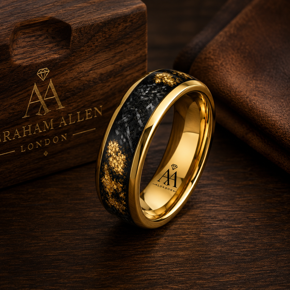 BlackGold Horizon – Black Tungsten Ring with 24K Gold Flake & Carbon Fibre Inlay | 4mm & 8mm