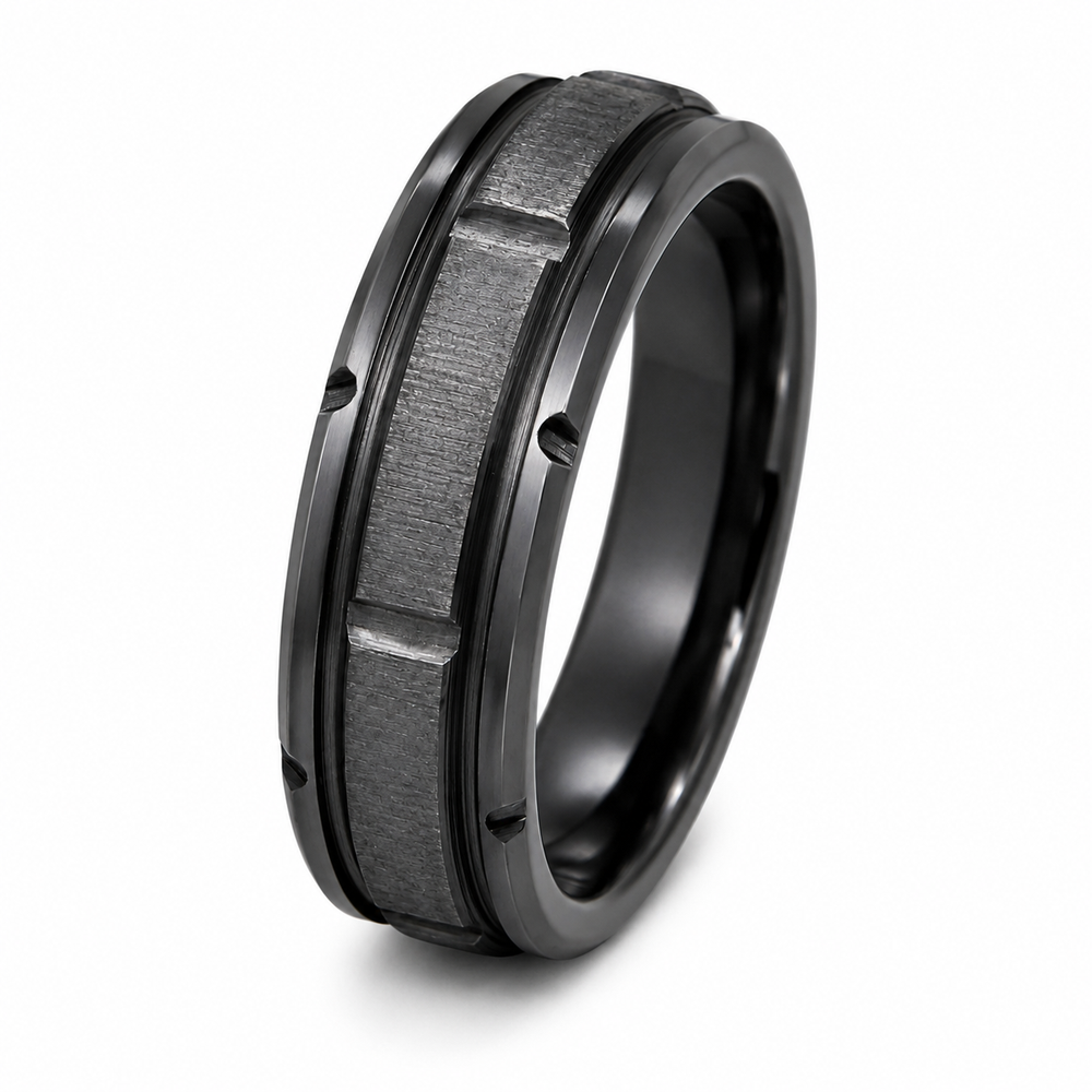 The Blackridge | Black Titanium Wedding Ring with Faceted Centre & Precision Groove Detailing