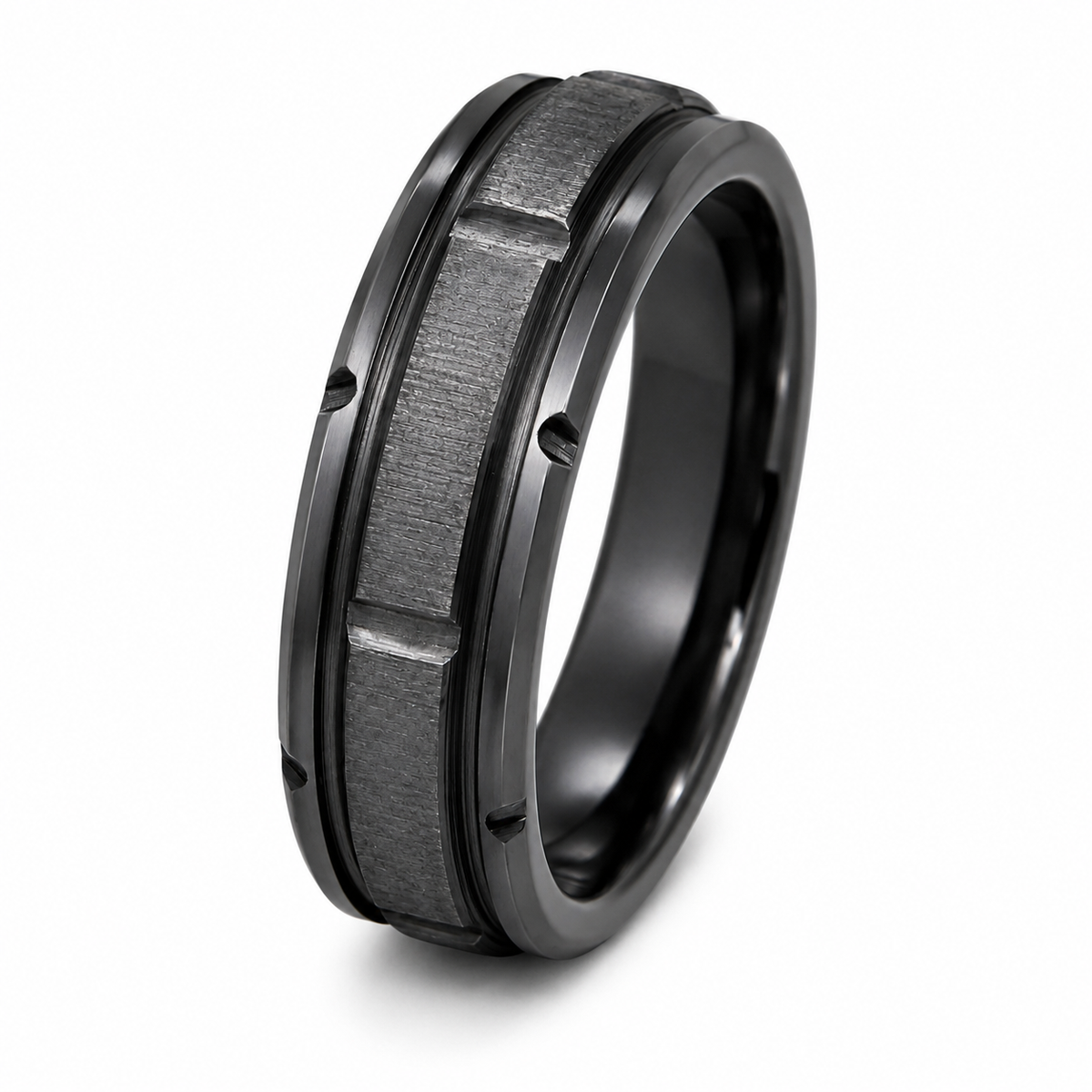 The Blackridge | Black Titanium Wedding Ring with Faceted Centre & Precision Groove Detailing