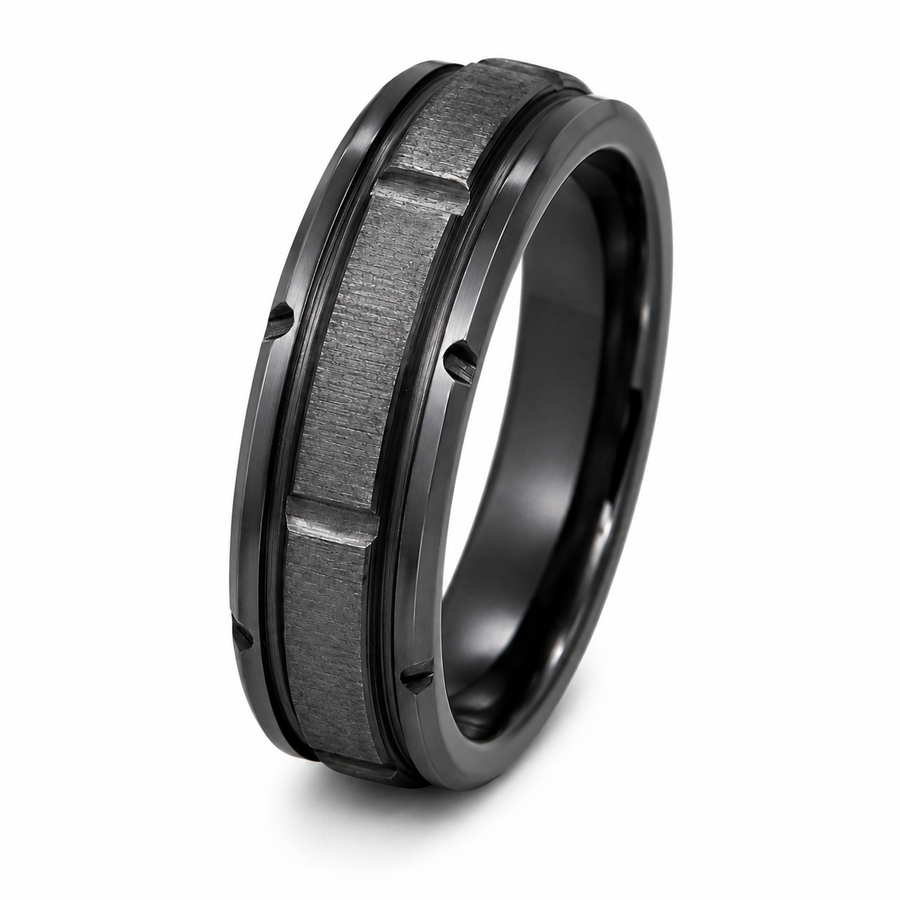 The Blackridge | Black Titanium Wedding Ring with Faceted Centre & Precision Groove Detailing