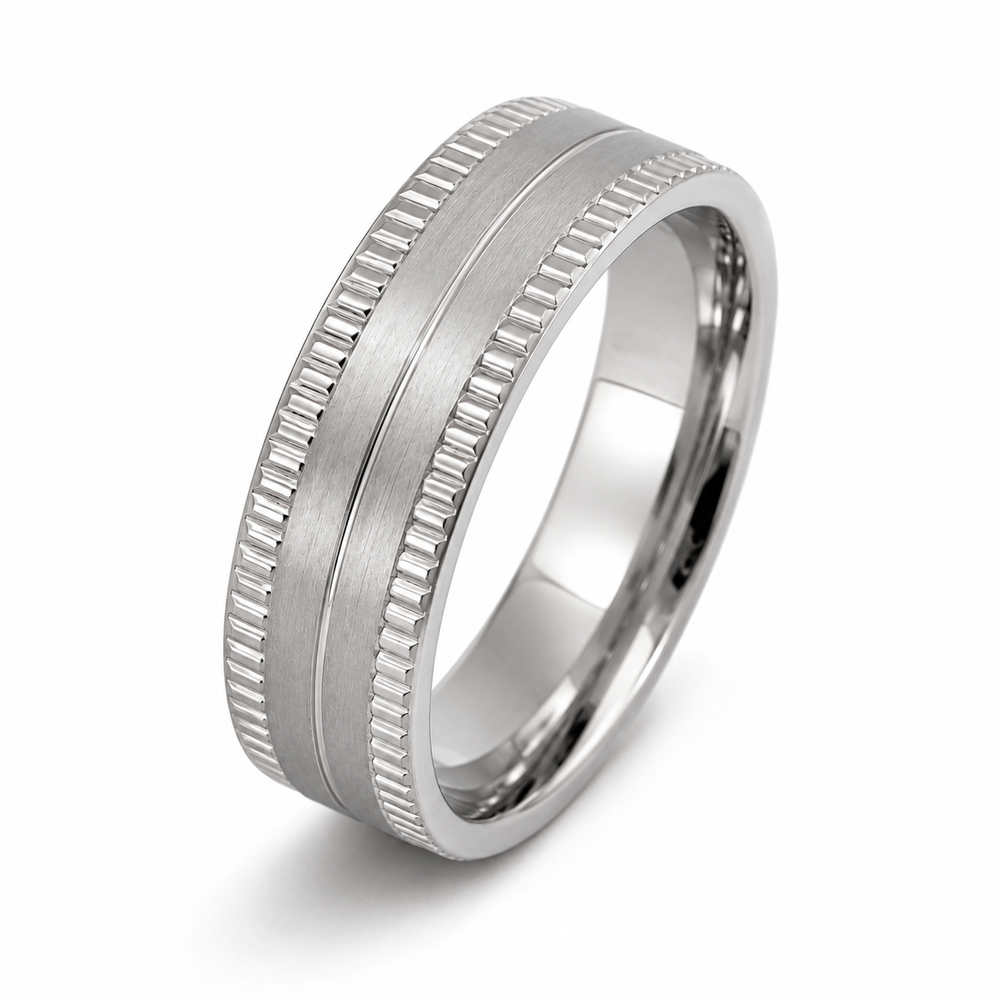 The Westbrook | Silver Titanium Wedding Ring with Milgrain Edges & Centre Groove