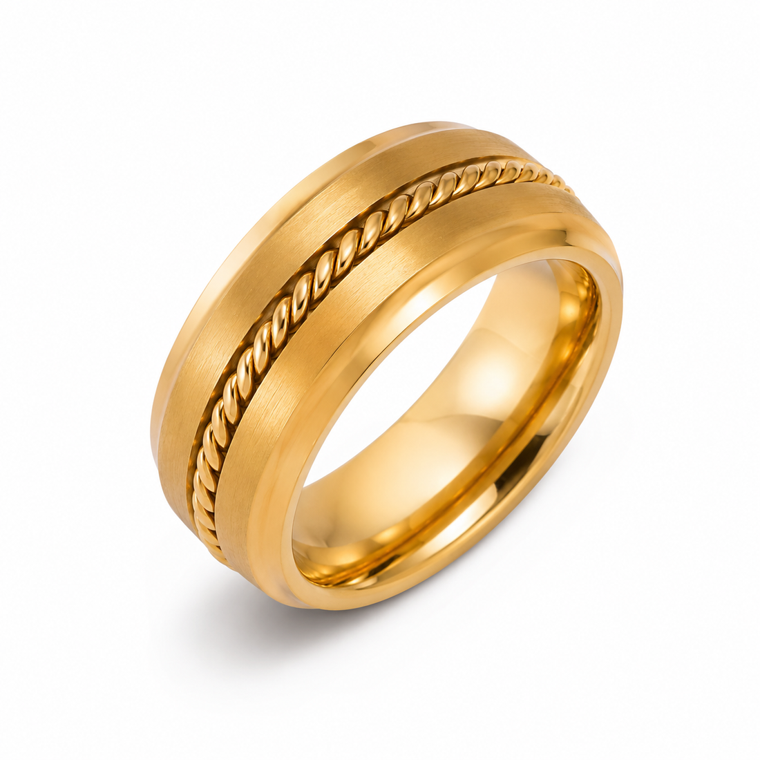 The Sovereign | Gold Titanium Wedding Ring with Twisted Rope Centre Detail