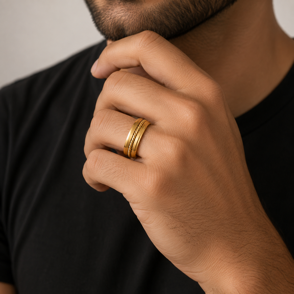 The Sovereign | Gold Titanium Wedding Ring with Twisted Rope Centre Detail