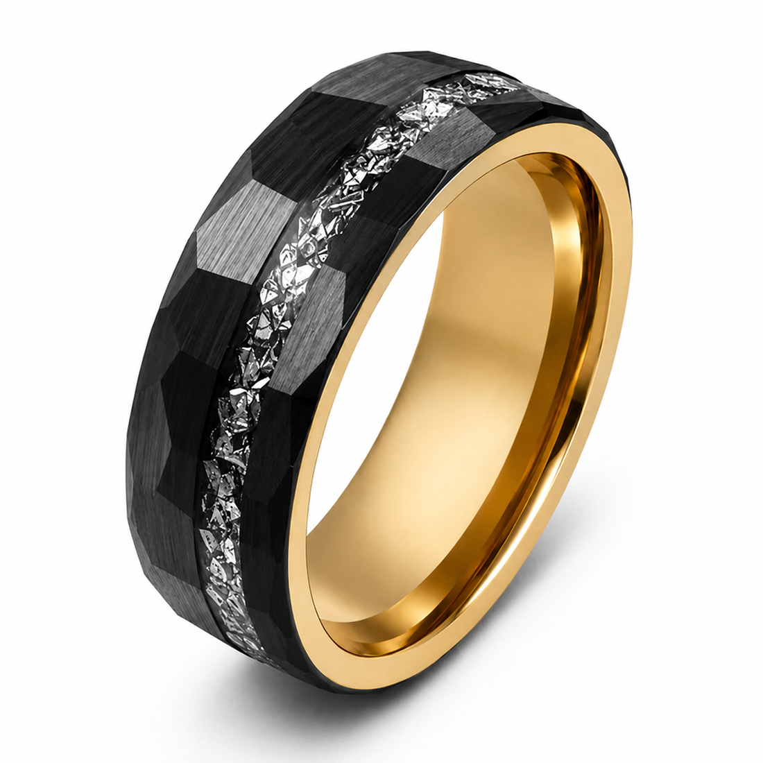 The Eclipse Noir | Black Tungsten Carbide Ring with 18K Gold Plating & Genuine Meteorite Inlay | 8mm