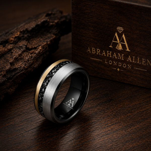 The Nebula | Brushed Tungsten Ring with Meteorite Inlay & Gold Accent