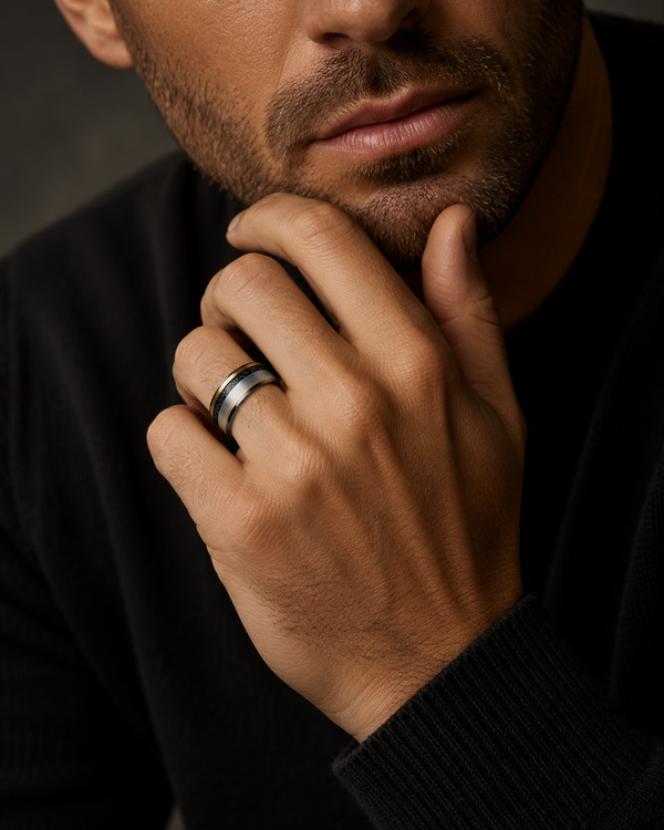 The Nebula | Brushed Tungsten Ring with Meteorite Inlay & Gold Accent