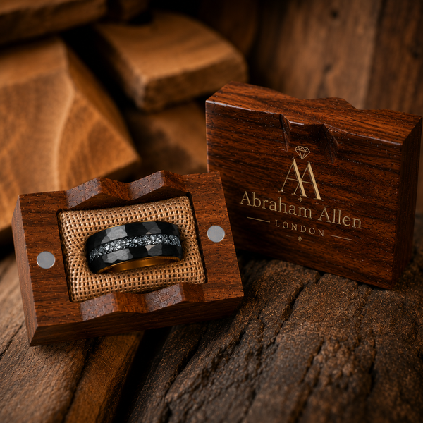 The Eclipse Noir | Black Tungsten Carbide Ring with 18K Gold Plating & Genuine Meteorite Inlay | 8mm