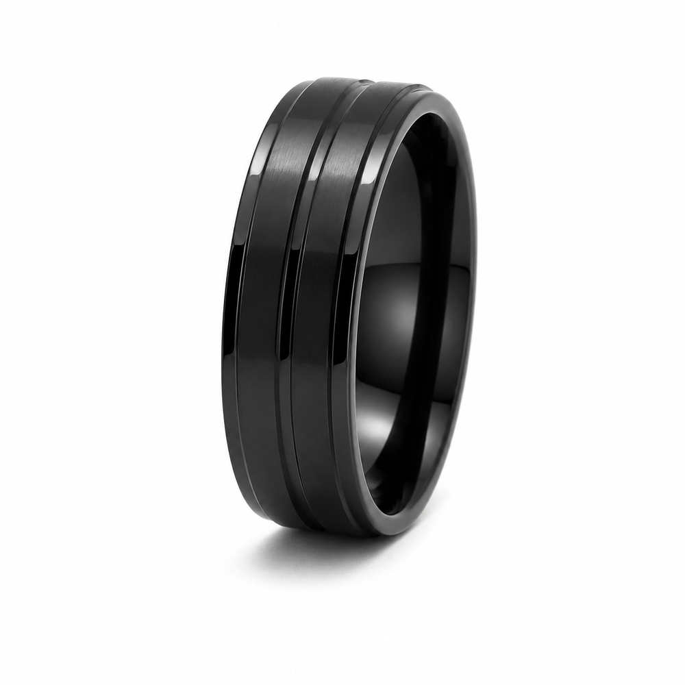 The Ravenwood | Black Titanium Wedding Ring with Twin Grooves