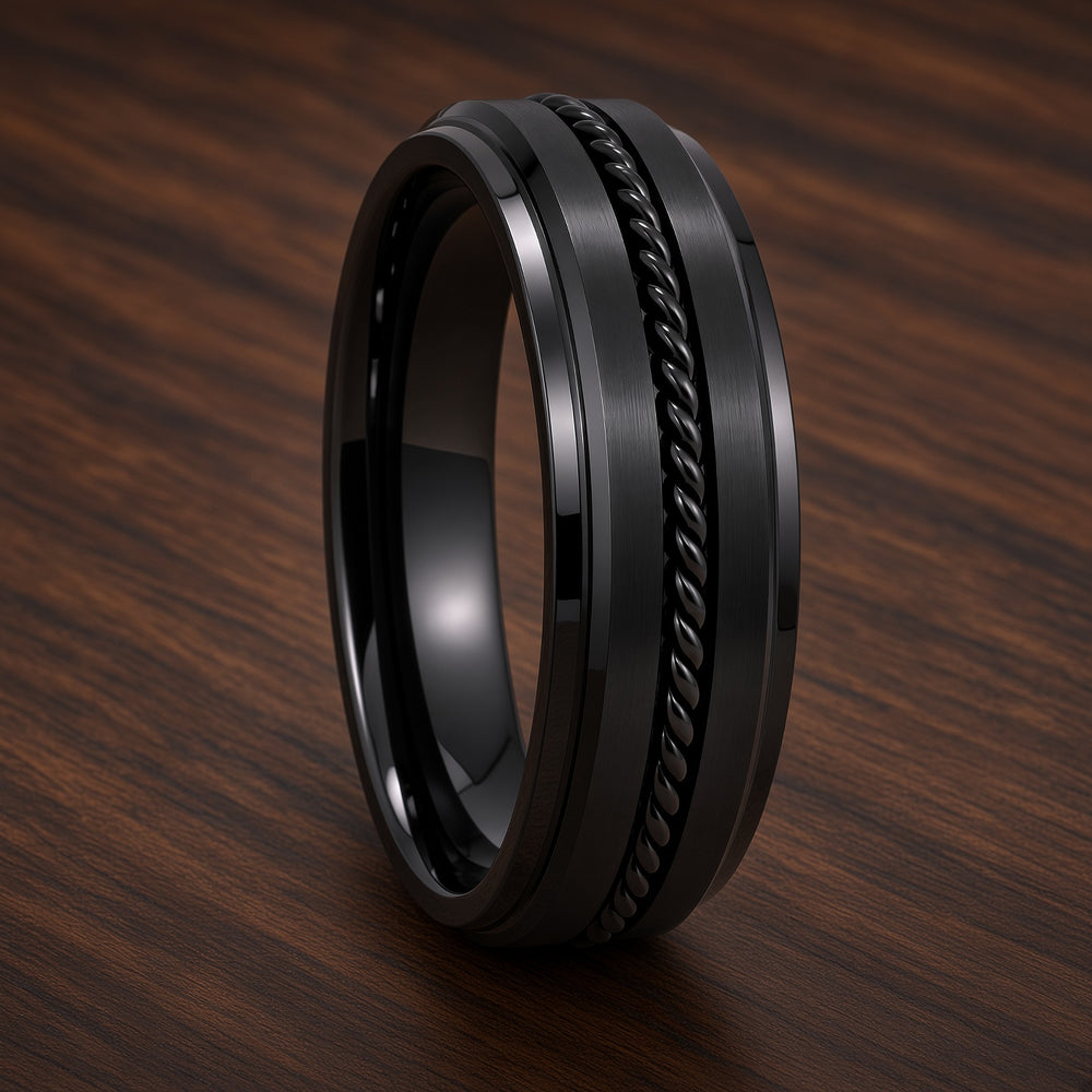 The Sovereign Black | Titanium Wedding Ring with Twisted Rope Centre Detail