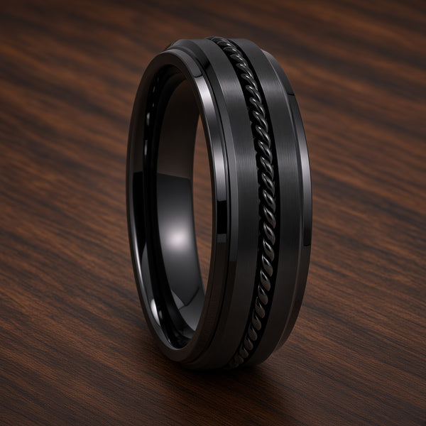 The Sovereign Black | Titanium Wedding Ring with Twisted Rope Centre Detail