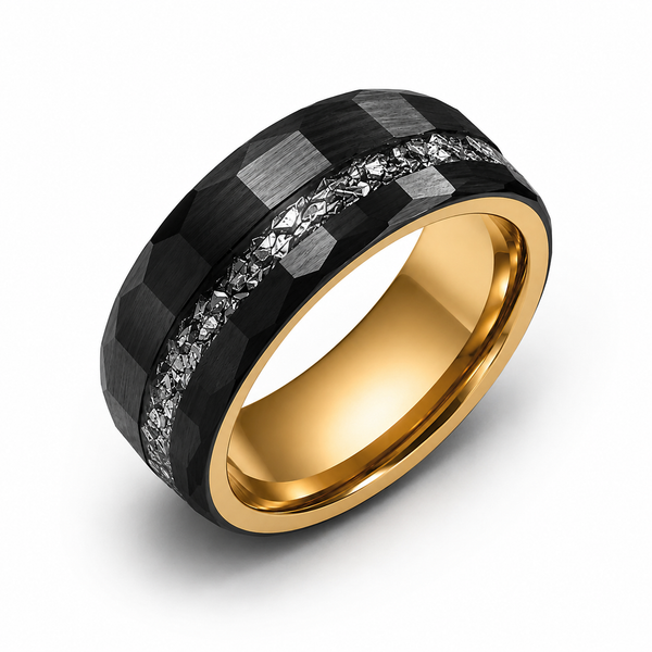 The Eclipse Noir | Black Tungsten Carbide Ring with 18K Gold Plating & Genuine Meteorite Inlay | 8mm