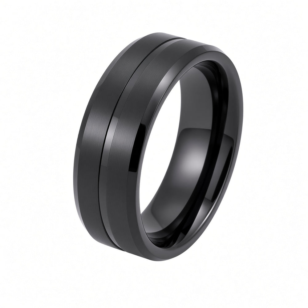 The Blackstone | Black Titanium Wedding Ring with Brushed Centre & Twin Precision Grooves