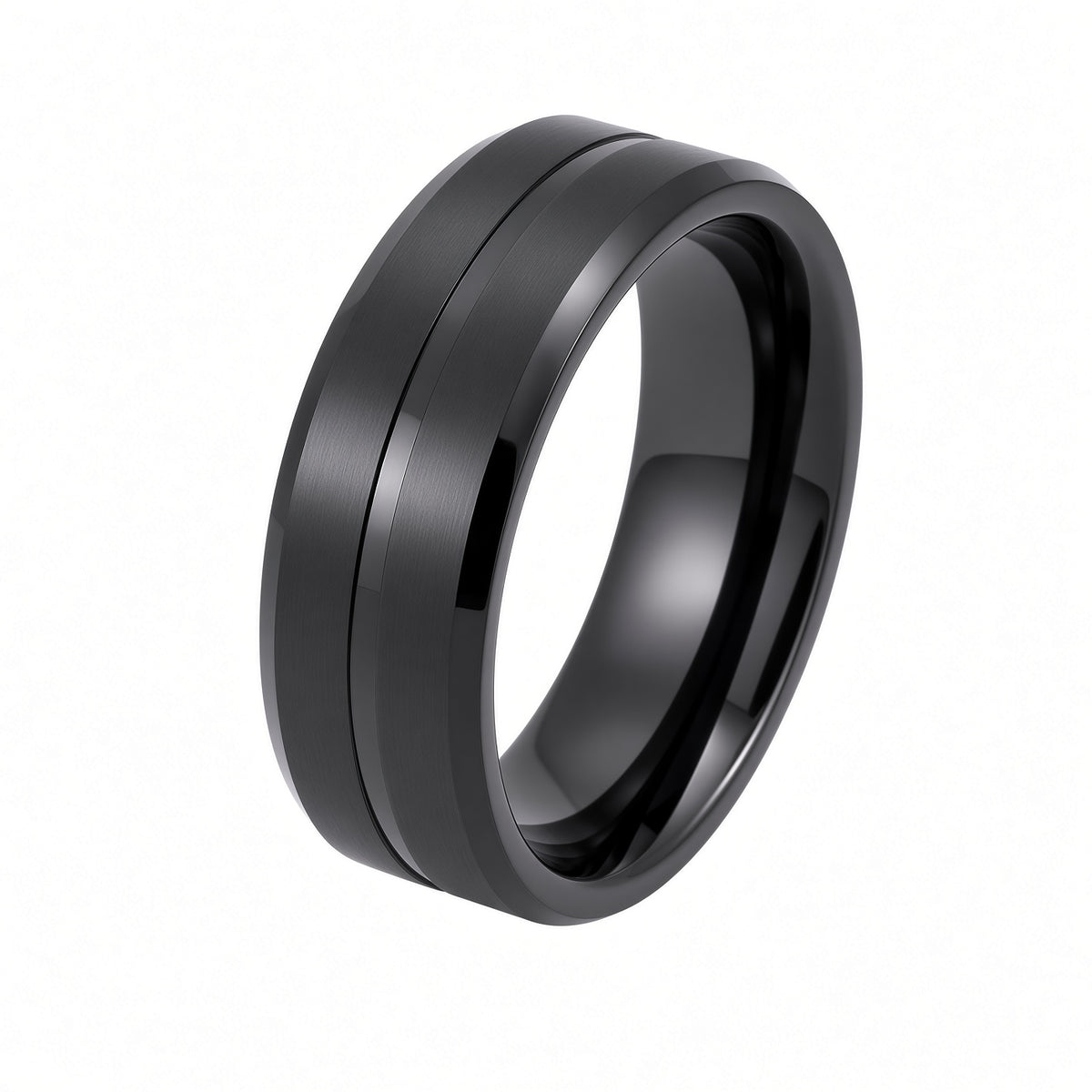 The Blackstone | Black Titanium Wedding Ring with Brushed Centre & Twin Precision Grooves