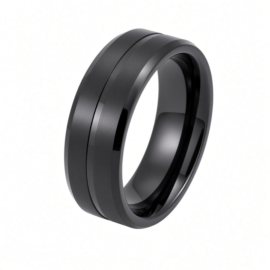 The Blackstone | Black Titanium Wedding Ring with Brushed Centre & Twin Precision Grooves