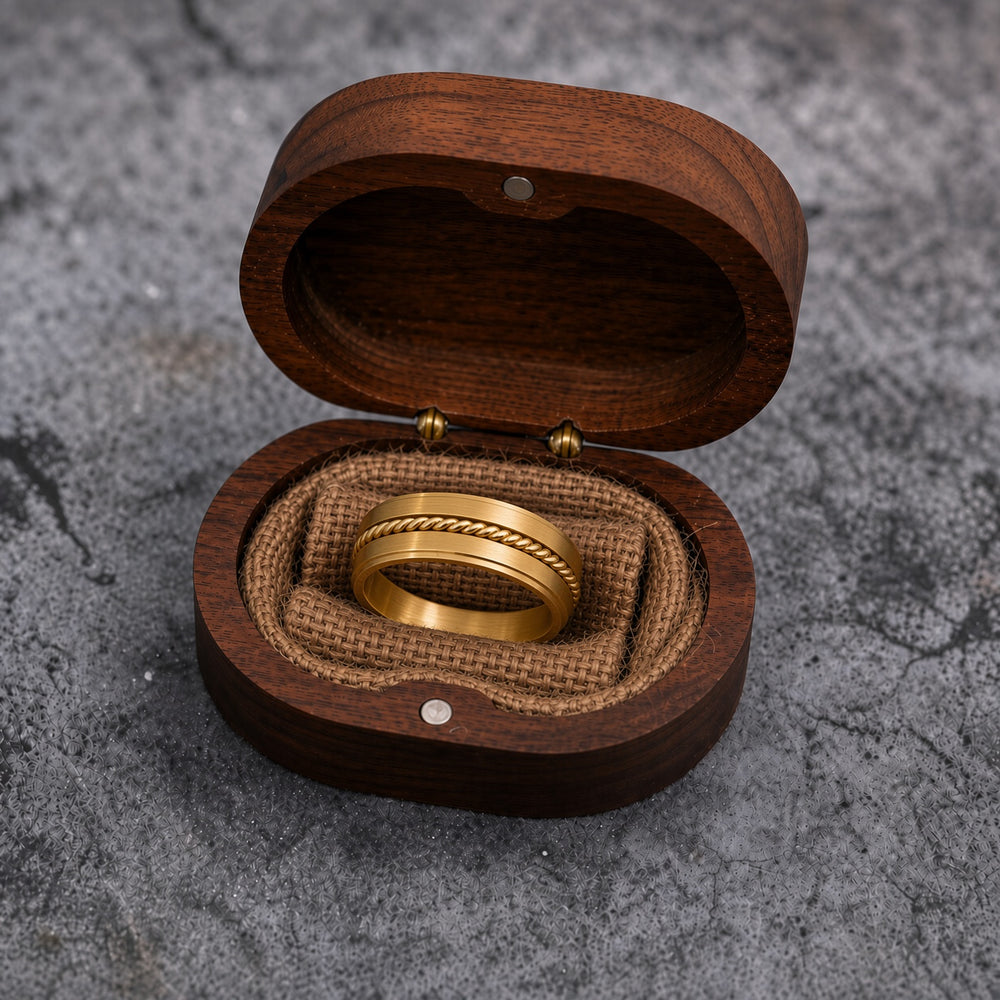 The Sovereign | Gold Titanium Wedding Ring with Twisted Rope Centre Detail