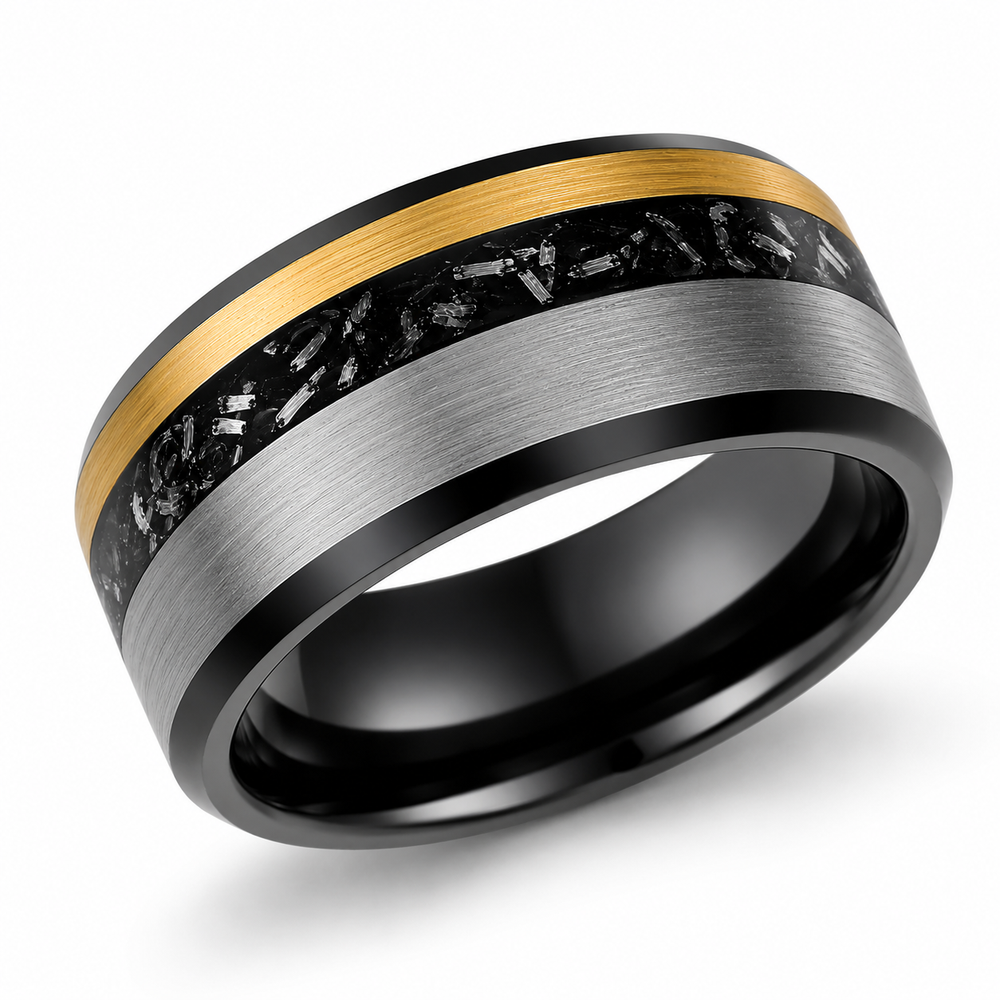The Nebula | Brushed Tungsten Ring with Meteorite Inlay & Gold Accent