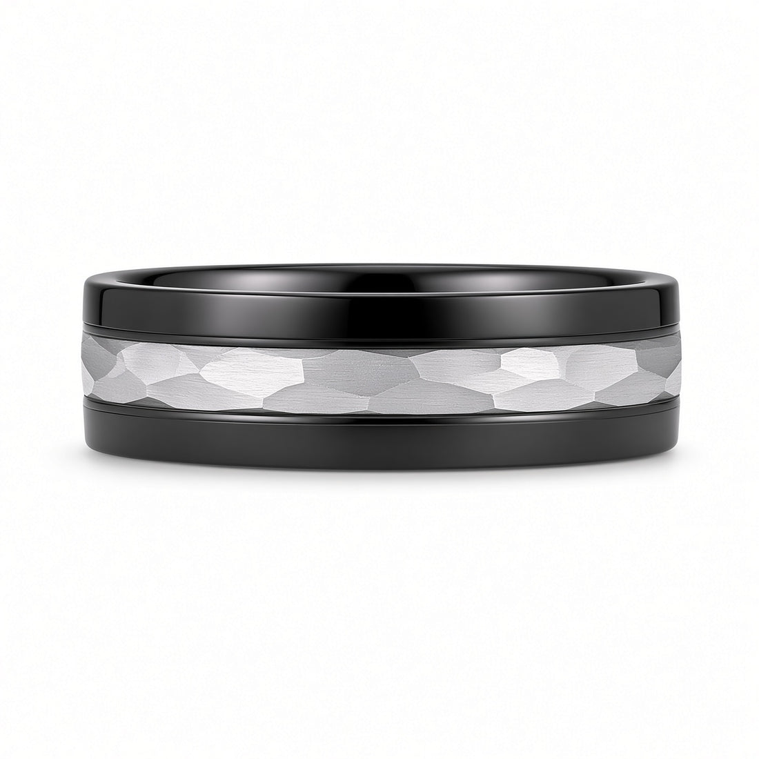 The Nightforge | Black Titanium Wedding Ring with Hammered Centre Inlay
