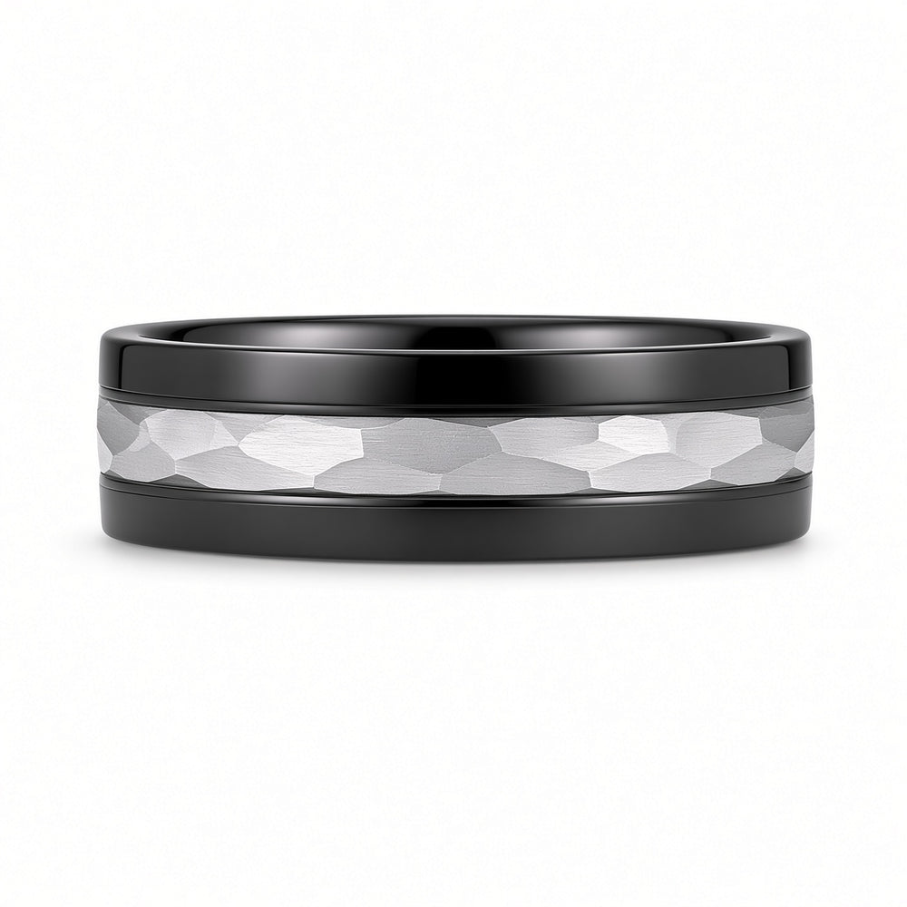 The Nightforge | Black Titanium Wedding Ring with Hammered Centre Inlay