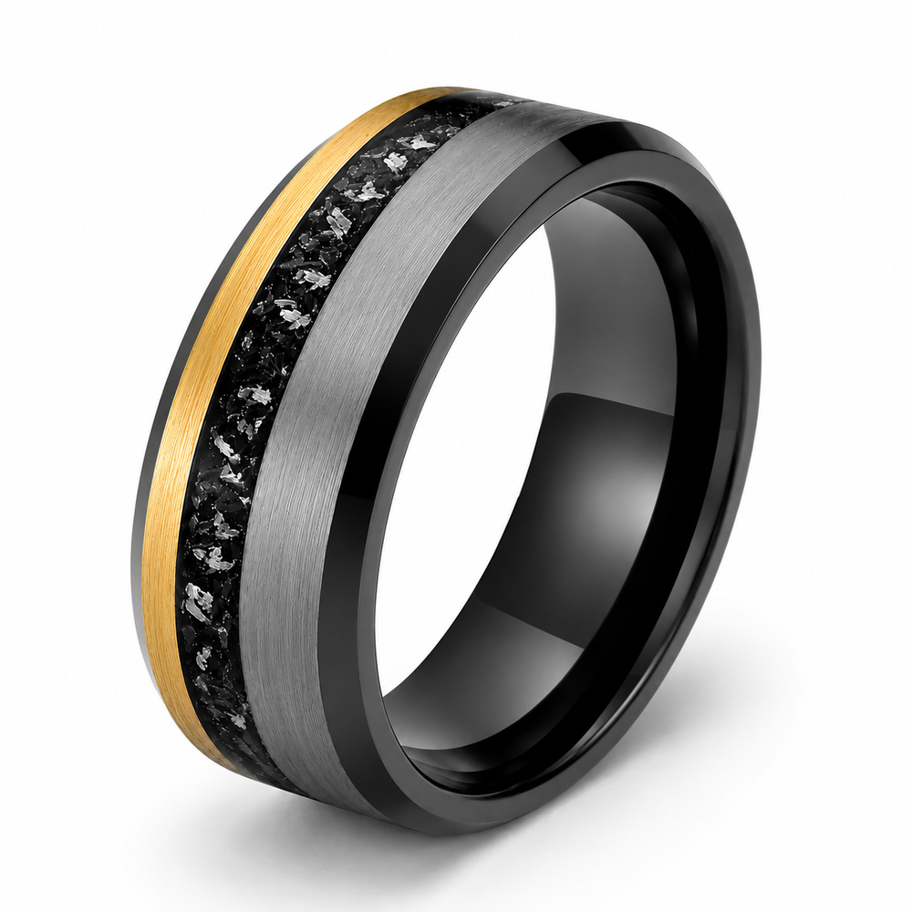The Nebula | Brushed Tungsten Ring with Meteorite Inlay & Gold Accent