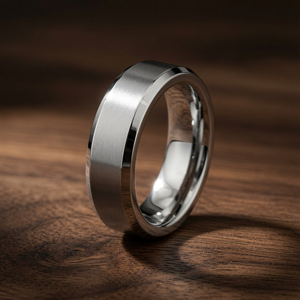 The Harrington | Silver Tungsten Wedding Ring with Polished Bevelled Edges