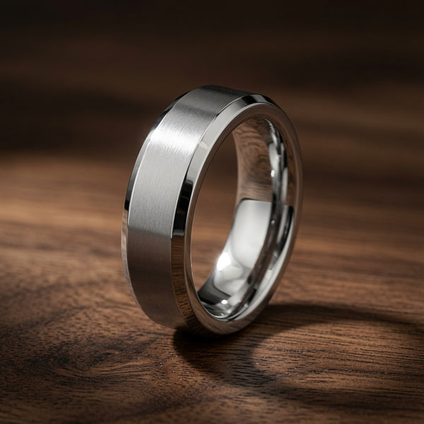 The Harrington | Silver Tungsten Wedding Ring with Polished Bevelled Edges