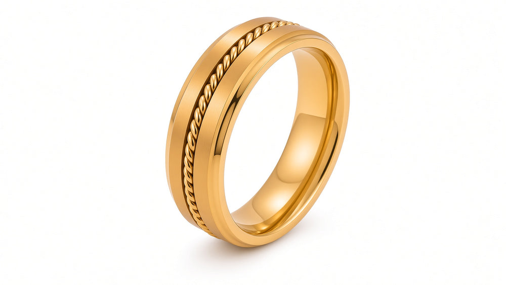 The Sovereign | Gold Titanium Wedding Ring with Twisted Rope Centre Detail