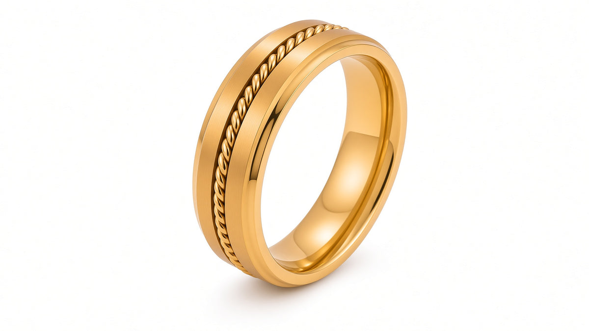 The Sovereign | Gold Titanium Wedding Ring with Twisted Rope Centre Detail