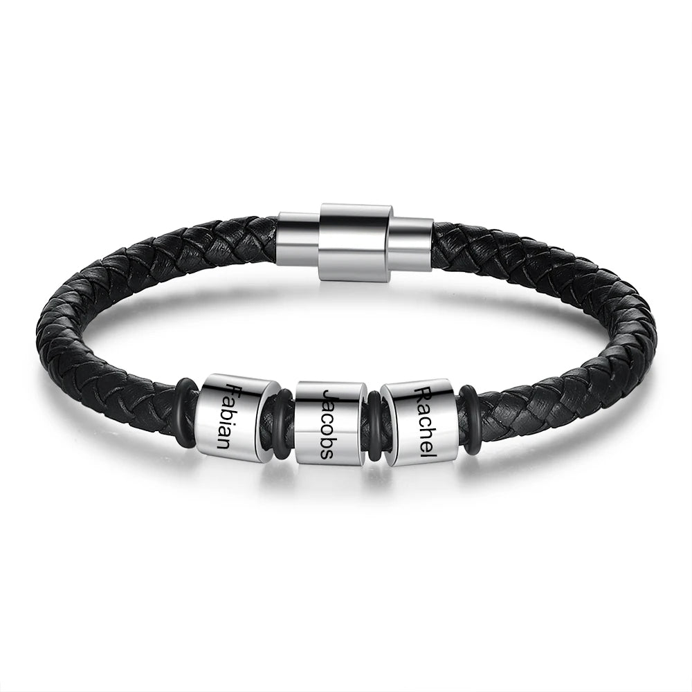 Personalized Engraveable Name Stainless Steel Beads Black Leather Bracelet - Abrahamallen