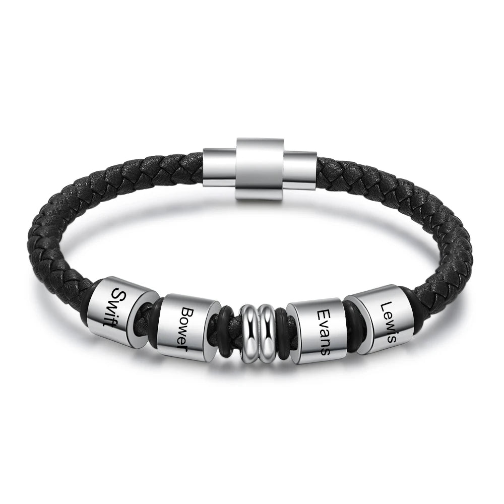 Personalized Engraveable Name Stainless Steel Beads Black Leather Bracelet - Abrahamallen