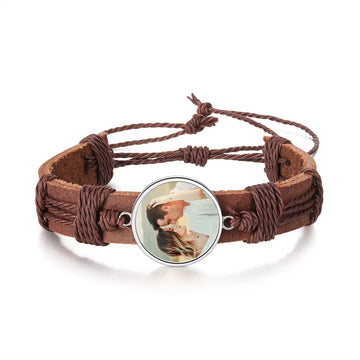 Personalized Photo Charm Braided Rope Brown Bracelets - Abrahamallen