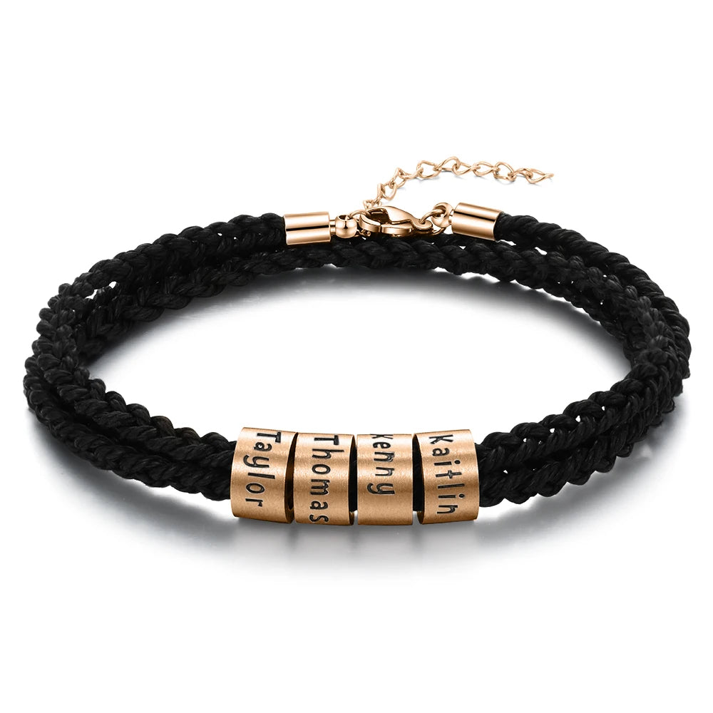 Personalized Engraveable 2-5 Name Rose Gold Color Beads Braided Rope Bracelet - Abrahamallen