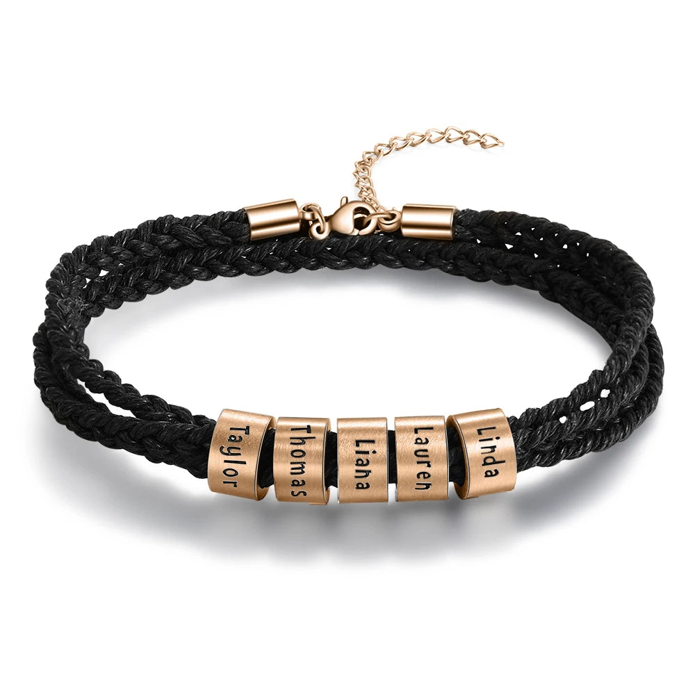 Personalized Engraveable 2-5 Name Rose Gold Color Beads Braided Rope Bracelet - Abrahamallen