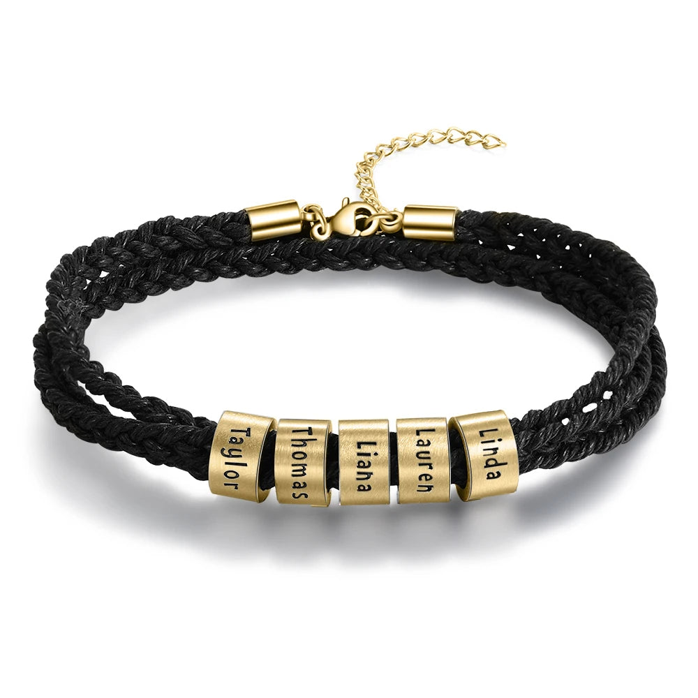 Personalized Engraveable 2-5 Name Gold Beads Adjustable Braided Rope Bracelets - Abrahamallen