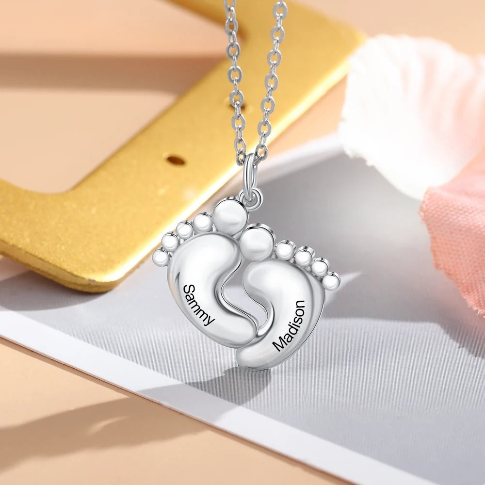 Personalized Dainty Baby Footprint 2 Names Pendant Necklace - Abrahamallen