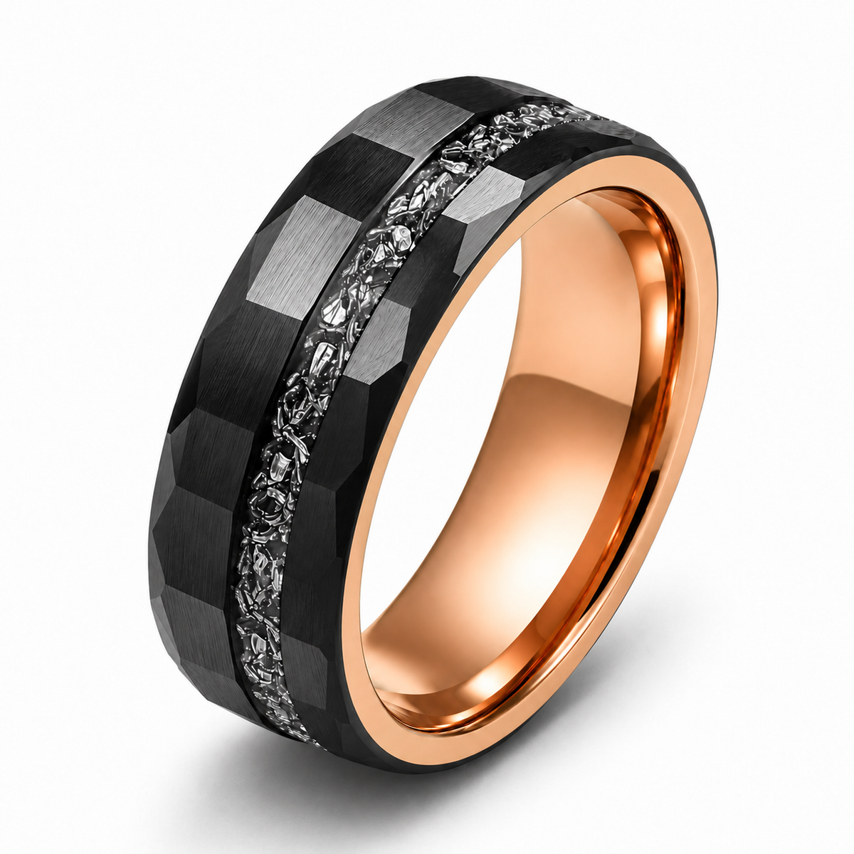 The Eclipse Noir | Black Tungsten Carbide Ring with 18K Gold Plating & Genuine Meteorite Inlay | 8mm