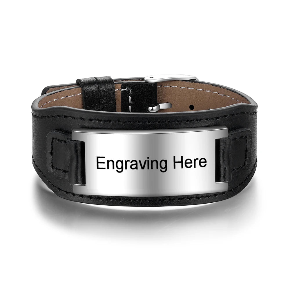 Personalized Stainless Steel ID Wide Black Leather Bracelets - Abrahamallen